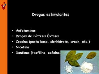 Drogas estimulantes
ESTIMULANTES

• Anfetaminas
• Drogas de Síntesis Éxtasis
• Cocaína (pasta base, clorhidrato, crack, etc.)
• Nicotina
• Xantinas (teofilina, cafeína, teobromina, etc.)

 