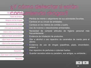 ¿Qué es una droga?
Tipos de drogas
Peligros de las drogas
Situaciones de riesgo
¿Por qué la consumen?
Datos sobre su consumo

Pérdida de interés o alejamiento de sus actividades favoritas.
Cambios en su círculo de amistades.
Cambios en los hábitos de comida y sueño.
Uso de incienso o desodorantes ambientales.
Necesidad de comprar artículos de higiene personal más
frecuentemente.

¿Qué es hacer prevención?

Evidencia de inhalación de productos.

¿Qué hacer para prevenir?

Olor a alcohol o uso repentino de caramelos de menta para el
aliento.

¿Qué evitar para prevenir?
¿Cómo detectar su consumo?
Recuerde...
¿Qué hacer ante el consumo?

Evidencia de uso de drogas (papelinas, pipas, encendedor,
petaca...).
Uso repentino de perfumes o colonias fuertes.
Guardar secretos sobre su paradero, sus amigos, su ambiente...

Recursos

16

 