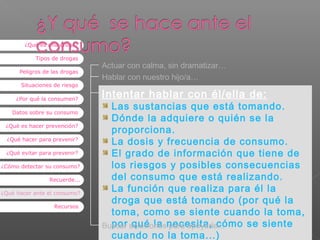 ¿Qué es una droga?
Tipos de drogas
Peligros de las drogas
Situaciones de riesgo
¿Por qué la consumen?
Datos sobre su consumo
¿Qué es hacer prevención?
¿Qué hacer para prevenir?
¿Qué evitar para prevenir?
¿Cómo detectar su consumo?
Recuerde...
¿Qué hacer ante el consumo?
Recursos

Actuar con calma, sin dramatizar…
Hablar con nuestro hijo/a…

Intentar hablar con él/ella de:

Las sustancias que está tomando.
Dónde la adquiere o quién se la
proporciona.
La dosis y frecuencia de consumo.
El grado de información que tiene de
los riesgos y posibles consecuencias
del consumo que está realizando.
La función que realiza para él la
droga que está tomando (por qué la
toma, como se siente cuando la toma,
por qué la para apoyarle...
Buscar solucionesnecesita, cómo se siente
22
cuando no la toma...)

 