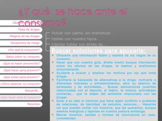 ¿Qué es una droga?
Tipos de drogas
Peligros de las drogas
Situaciones de riesgo
¿Por qué la consumen?
Datos sobre su consumo
¿Qué es hacer prevención?
¿Qué hacer para prevenir?
¿Qué evitar para prevenir?
¿Cómo detectar su consumo?
Recuerde...
¿Qué hacer ante el consumo?
Recursos

Actuar con calma, sin dramatizar…
Hablar con nuestro hijo/a…
Intentar hablar con él/ella de...

Buscar soluciones para apoyarle:

Ofrecerle una información fiable y realista de los riegos de su
consumo.
Hacer que con nuestra guía, él/ella mismo busque información
sobre los efectos de las drogas, la leamos y analicemos
conjuntamente.
Ayudarle a buscar y analizar los motivos por los que toma
drogas.
Facilitarle la búsqueda de alternativas a la droga: motivarle a
diferentes intereses y entretenimientos, abrir su abanico de
amistades y de actividades,... Buscar asociaciones juveniles
relacionadas con el deporte, el teatro, la música, actividades
solidarias... que le alejen del ambiente relacionado con las
drogas.
Estar a su lado si intuimos que tiene algún conflicto o problema
de relaciones, de identidad, de estudios, amoroso,... Hacerles
ver que pueden contar con nosotros, que les queremos, aunque
seamos enérgicos y tajantes en nuestra postura antidroga.
Marcar horarios, salidas y normas de convivencia en casa,
23
consistentes.

 