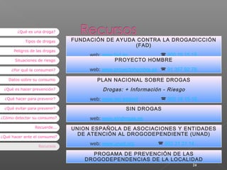 ¿Qué es una droga?
Tipos de drogas
Peligros de las drogas

FUNDACIÓN DE AYUDA CONTRA LA DROGADICCIÓN
(FAD)

Situaciones de riesgo

web: www.fad.es
 900 16 15 15
PROYECTO HOMBRE

¿Por qué la consumen?

web: www.proyectohombre.es  91 357 92 78

Datos sobre su consumo
¿Qué es hacer prevención?
¿Qué hacer para prevenir?
¿Qué evitar para prevenir?
¿Cómo detectar su consumo?
Recuerde...
¿Qué hacer ante el consumo?
Recursos

PLAN NACIONAL SOBRE DROGAS

Drogas: + Información - Riesgo
web: www.mir.es/pnd

 902 16 15 15

SIN DROGAS
web: www.sindrogas.es
UNION ESPAÑOLA DE ASOCIACIONES Y ENTIDADES
DE ATENCIÓN AL DROGODEPENDIENTE (UNAD)
web: www.unad.org

 902 31 31 14

PROGAMA DE PREVENCIÓN DE LAS
DROGODEPENDENCIAS DE LA LOCALIDAD
24

 