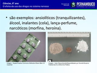 • são exemplos: ansiolíticos (tranquilizantes),
álcool, inalantes (cola), lança-perfume,
narcóticos (morfina, heroína).
Ciências, 8° ano
O efeito do uso das drogas no sistema nervoso
Imagem : Autor Desconhecido/Disponibilizado por Grondin/Governo
Federal dos E.U.A/Domínio Público.
Imagem : Keyaki/Creative Commons Attribution-Share Alike 3.0
Unported
 