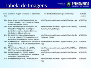 Tabela de Imagens
n° do 
slide
direito da imagem como está ao lado da foto link do site onde se consegiu a informação Data do 
Acesso
       
20b Autor Desconhecido/Disponibilizada por 
Themadchopperr/ Crack. /Governo Federal 
dos E.U.A/ Domínio Público.
http://commons.wikimedia.org/wiki/File:Crack.jpg 17/09/2012
22a Autor Desconhecido/Disponibilizada por 
Thergothon / Cogumelo alucinógeno 
(Amanita muscaria) / Creative Commons 
Attribution 2.5 Generic license.
http://commons.wikimedia.org/wiki/File:Amanita_
muscaria_fruit_bodies.jpg
17/09/2012
22b Dr. Brainfish / Cogumelo alucinógeno 
(Psilocybe cubensis) / Creative Commons 
Attribution-Share Alike 2.0 Generic license. 
http://commons.wikimedia.org/wiki/File:Psilocybe
_Cubensis_Thai.jpg
17/09/2012
23a Erik Fenderson/ Comparação do tamanho de 
um papel de LSD ao de um fósforo / Domínio 
Público.
http://commons.wikimedia.org/wiki/File:LSD_matc
h.jpg
17/09/2012
23b " T to the Anus/ Cápsulas de MDMA / 
GNU Free Documentation License.
http://commons.wikimedia.org/wiki/File:MDMA_c
apsules.JPG
17/09/2012
25a United States Fish e Wildlife Service/ 
Cannabis sativa a qual se produz o haxixe e 
a maconha / Domínio Público.
http://commons.wikimedia.org/wiki/File:Marijuan
a.jpg
17/09/2012
25b Erik Fenderson / Haxixe / Domínio Público. http://commons.wikimedia.org/wiki/File:Hashish-
2.jpg
17/09/2012
 