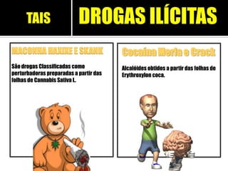 Cocaína Merla e Crack
Alcalóides obtidos a partir das folhas de
Erythroxylon coca.
MACONHA HAXIXE E SKANK
São drogas Classificadas como
perturbadoras preparadas a partir das
folhas de Cannabis Sativa L.
DROGAS ILÍCITASTAIS
 