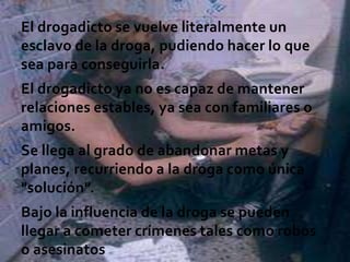El drogadicto se vuelve literalmente un
esclavo de la droga, pudiendo hacer lo que
sea para conseguirla.
El drogadicto ya no es capaz de mantener
relaciones estables, ya sea con familiares o
amigos.
Se llega al grado de abandonar metas y
planes, recurriendo a la droga como única
"solución".
Bajo la influencia de la droga se pueden
llegar a cometer crímenes tales como robos
o asesinatos
 