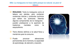 Mito: La mariguana no hace daño porque es natural, es peor el
tabaco
 REALIDAD: Tanto la mariguana como el
tabaco son plantas, pero contienen
sustancias tóxicas y productos químicos
que dañan tus pulmones. Además
algunos componentes de la mariguana
pueden predisponer a la aparición de
trastornos mentales como la
esquizofrenia.
 Tiene efectos dañinos a la salud física y
mental de quien la consume.
 Puede provocar alteraciones
permanentes de la memoria, la capacidad
de aprendizaje, de atención y reacción.
 