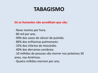 TABAGISMO 
Só os fumantes não acreditam que são: 
· Nove mortes por hora. 
· 80 mil por ano. 
· 90% dos casos de câncer de pulmão. 
· 80% dos enfisemas pulmonares. 
· 25% dos infartos de miocárdio. 
· 40% dos derrames cerebrais. 
· 10 milhões de pessoas vão morrer nos próximos 30 
anos, nas Américas. 
· Quatro milhões morrem por ano. 
 