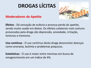 DROGAS LÍCITAS 
Moderadores de Apetite 
Efeitos - Dá sensação de euforia e provoca perda do apetite, 
sendo muito usado em dietas. Os efeitos colaterais mais comuns 
provocados pela droga são depressão, ansiedade, irritação, 
tonturas e tremores. 
Uso contínuo - O uso contínuo desta droga desenvolve doenças 
como anorexia, bulimia e problemas psíquicos. 
Estatísticas - O uso é maior entre meninas em busca de 
emagrecimento em um índice de 4%. 
 