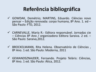 Referência bibliográfica 
 GOWDAK, Demétrio; MARTINS, Eduardo. Ciências novo 
pensar – Edição renovada: corpo humano, 8º Ano. 1. ed – 
São Paulo: FTD, 2012. 
 CARNEVALLE, Maria R.- Editora responsável. Jornadas cie 
– Ciências 8º Ano / organizadora Editora Saraiva. 2 ed. – 
São Paulo: Saraiva,2012. 
 BROCKELMANN, Rita Helena. Observatório de Ciências , 
8º Ano. 1 ed. São Paulo: Moderna, 2011 
 GEWANDSZNAJDER, Fernando. Projeto Teláris: Ciências, 
8º Ano. 1 ed. São Paulo: Ática, 2012. 

