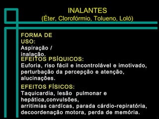 INALANTESINALANTES
(Éter, Clorofórmio, Tolueno, Loló)(Éter, Clorofórmio, Tolueno, Loló)
FORMA DEFORMA DE
USO:USO:
Aspiração /Aspiração /
inalação.inalação.
EFEITOS PSÍQUICOS:EFEITOS PSÍQUICOS:
Euforia, riso fácil e incontrolável e imotivado,Euforia, riso fácil e incontrolável e imotivado,
perturbação da percepção e atenção,perturbação da percepção e atenção,
alucinações.alucinações.
EFEITOS FÍSICOS:EFEITOS FÍSICOS:
Taquicardia, lesão pulmonar eTaquicardia, lesão pulmonar e
hepática,convulsões,hepática,convulsões,
arritimias cardícas, parada cárdio-repiratória,arritimias cardícas, parada cárdio-repiratória,
decoordenação motora, perda de memória.decoordenação motora, perda de memória.
 