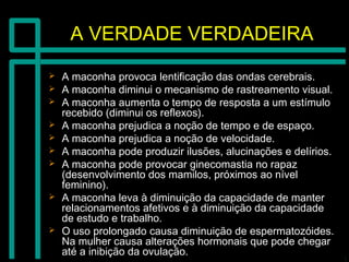A VERDADE VERDADEIRAA VERDADE VERDADEIRA
 A maconha provoca lentificação das ondas cerebrais.A maconha provoca lentificação das ondas cerebrais.
 A maconha diminui o mecanismo de rastreamento visual.A maconha diminui o mecanismo de rastreamento visual.
 A maconha aumenta o tempo de resposta a um estímuloA maconha aumenta o tempo de resposta a um estímulo
recebido (diminui os reflexos).recebido (diminui os reflexos).
 A maconha prejudica a noção de tempo e de espaço.A maconha prejudica a noção de tempo e de espaço.
 A maconha prejudica a noção de velocidade.A maconha prejudica a noção de velocidade.
 A maconha pode produzir ilusões, alucinações e delírios.A maconha pode produzir ilusões, alucinações e delírios.
 A maconha pode provocar ginecomastia no rapazA maconha pode provocar ginecomastia no rapaz
(desenvolvimento dos mamilos, próximos ao nível(desenvolvimento dos mamilos, próximos ao nível
feminino).feminino).
 A maconha leva à diminuição da capacidade de manterA maconha leva à diminuição da capacidade de manter
relacionamentos afetivos e à diminuição da capacidaderelacionamentos afetivos e à diminuição da capacidade
de estudo e trabalho.de estudo e trabalho.
 O uso prolongado causa diminuição de espermatozóides.O uso prolongado causa diminuição de espermatozóides.
Na mulher causa alterações hormonais que pode chegarNa mulher causa alterações hormonais que pode chegar
até a inibição da ovulação.até a inibição da ovulação.
 
