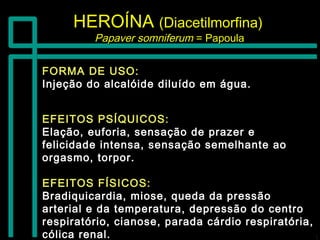 HEROÍNAHEROÍNA (Diacetilmorfina)(Diacetilmorfina)
Papaver somniferumPapaver somniferum = Papoula= Papoula
FORMA DE USO:FORMA DE USO:
Injeção do alcalóide diluído em água.Injeção do alcalóide diluído em água.
EFEITOS FÍSICOS:EFEITOS FÍSICOS:
Bradiquicardia, miose, queda da pressãoBradiquicardia, miose, queda da pressão
arterial e da temperatura, depressão do centroarterial e da temperatura, depressão do centro
respiratório, cianose, parada cárdio respiratória,respiratório, cianose, parada cárdio respiratória,
cólica renal.cólica renal.
EFEITOS PSÍQUICOS:EFEITOS PSÍQUICOS:
Elação, euforia, sensação de prazer eElação, euforia, sensação de prazer e
felicidade intensa, sensação semelhante aofelicidade intensa, sensação semelhante ao
orgasmo, torpor.orgasmo, torpor.
 