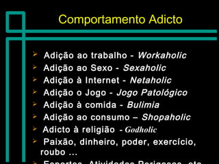 Comportamento AdictoComportamento Adicto
 Adição ao trabalho -Adição ao trabalho - WorkaholicWorkaholic
 Adição ao Sexo -Adição ao Sexo - SexaholicSexaholic
 Adição à Internet -Adição à Internet - NetaholicNetaholic
 Adição o Jogo -Adição o Jogo - Jogo PatológicoJogo Patológico
 Adição à comida -Adição à comida - BulimiaBulimia
 Adição ao consumo –Adição ao consumo – ShopaholicShopaholic
 Adicto à religiãoAdicto à religião -- GodholicGodholic
 Paixão, dinheiro, poder, exercício,Paixão, dinheiro, poder, exercício,
roubo ...roubo ...
 