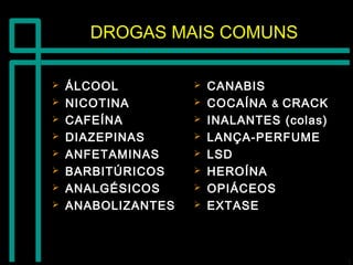 DROGAS MAIS COMUNSDROGAS MAIS COMUNS
 ÁLCOOLÁLCOOL
 NICOTINANICOTINA
 CAFEÍNACAFEÍNA
 DIAZEPINASDIAZEPINAS
 ANFETAMINASANFETAMINAS
 BARBITÚRICOSBARBITÚRICOS
 ANALGÉSICOSANALGÉSICOS
 ANABOLIZANTESANABOLIZANTES
 CANABISCANABIS
 COCAÍNACOCAÍNA && CRACKCRACK
 INALANTES (colas)INALANTES (colas)
 LANÇA-PERFUMELANÇA-PERFUME
 LSDLSD
 HEROÍNAHEROÍNA
 OPIÁCEOSOPIÁCEOS
 EXTASEEXTASE
 