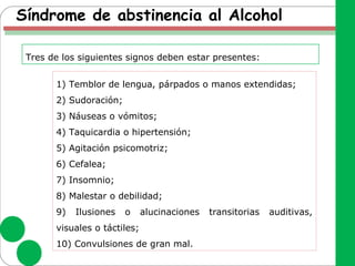 Síndrome de abstinencia al Alcohol
Tres de los siguientes signos deben estar presentes:
1) Temblor de lengua, párpados o manos extendidas;
2) Sudoración;
3) Náuseas o vómitos;
4) Taquicardia o hipertensión;
5) Agitación psicomotriz;
6) Cefalea;
7) Insomnio;
8) Malestar o debilidad;
9) Ilusiones o alucinaciones transitorias auditivas,
visuales o táctiles;
10) Convulsiones de gran mal.
 