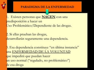 PARADIGMA DE LA ENFERMEDAD
1. Existen personas que NACEN con una
predisposición a hacer un
Uso Problemático/Dependiente de las drogas.
2. Si ellas prueban las drogas,
desarrollarán seguramente una dependencia.
3. Esa dependencia constituye “en última instancia”
una ENFERMEDAD DE LA VOLUNTAD
que impedirá que puedan hacer
un uso normal (“regulado, no problemático”)
de esa droga
 