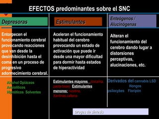 EFECTOS predominantes sobre el SNCEFECTOS predominantes sobre el SNC
Alcohol OpiáceosAlcohol Opiáceos
AnsiolíticosAnsiolíticos
Hipnóticos SolventesHipnóticos Solventes 
Estimulantes mayores (cocaína,(cocaína,
pasta base)pasta base) Estimulantes
menores: nicotina,nicotina,
Xantinas,cafeinaXantinas,cafeina
Derivados delDerivados del cannabis LSDcannabis LSD
HongosHongos
psilocybes Floripónpsilocybes Floripón
DepresorasDepresoras
Entorpecen el
funcionamiento cerebral
provocando reacciones
que van desde la
desinhibición hasta el
coma en un proceso de
progresivo
adormecimiento cerebral. 
Aceleran el funcionamiento
habitual del cerebro
provocando un estado de
activación que puede ir
desde una mayor dificultad
para dormir hasta estados
de hiperactividad
EstimulantesEstimulantes
Enteógenos /Enteógenos /
AlucinógenasAlucinógenas
Alteran el
funcionamiento del
cerebro dando lugar a
distorsiones
perceptivas,
alucinaciones, etc.
Drogas de síntesisDrogas de síntesis
 