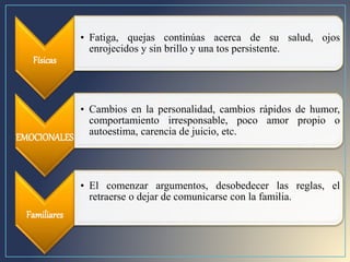 Físicas
• Fatiga, quejas continúas acerca de su salud, ojos
enrojecidos y sin brillo y una tos persistente.
EMOCIONALES
• Cambios en la personalidad, cambios rápidos de humor,
comportamiento irresponsable, poco amor propio o
autoestima, carencia de juicio, etc.
Familiares
• El comenzar argumentos, desobedecer las reglas, el
retraerse o dejar de comunicarse con la familia.
 