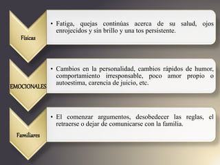 Físicas
• Fatiga, quejas continúas acerca de su salud, ojos
enrojecidos y sin brillo y una tos persistente.
EMOCIONALES
• Cambios en la personalidad, cambios rápidos de humor,
comportamiento irresponsable, poco amor propio o
autoestima, carencia de juicio, etc.
Familiares
• El comenzar argumentos, desobedecer las reglas, el
retraerse o dejar de comunicarse con la familia.
 