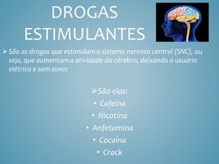 DROGAS
ESTIMULANTES
São as drogas que estimulam o sistema nervoso central (SNC), ou
seja, que aumentam a atividade do cérebro, deixando o usuário
elétrico e sem sono;
São elas:
• Cafeína
• Nicotina
• Anfetamina
• Cocaína
• Crack
 
