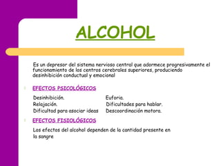 ALCOHOL
Es un depresor del sistema nervioso central que adormece progresivamente el
funcionamiento de los centros cerebrales superiores, produciendo
desinhibición conductual y emocional
 EFECTOS PSICOLÓGICOS
Desinhibición. Euforia.
Relajación. Dificultades para hablar.
Dificultad para asociar ideas Descoordinación motora.
 EFECTOS FISIOLÓGICOS
Los efectos del alcohol dependen de la cantidad presente en
la sangre
 
 