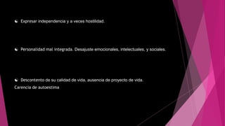  Expresar independencia y a veces hostilidad.
 Personalidad mal integrada. Desajuste emocionales, intelectuales, y sociales.
 Descontento de su calidad de vida, ausencia de proyecto de vida.
Carencia de autoestima
 
