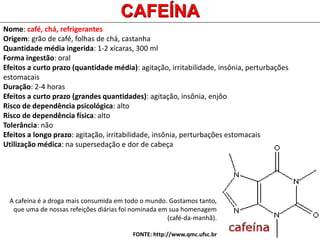 Nome: café, chá, refrigerantes
Origem: grão de café, folhas de chá, castanha
Quantidade média ingerida: 1-2 xícaras, 300 ml
Forma ingestão: oral
Efeitos a curto prazo (quantidade média): agitação, irritabilidade, insônia, perturbações
estomacais
Duração: 2-4 horas
Efeitos a curto prazo (grandes quantidades): agitação, insônia, enjôo
Risco de dependência psicológica: alto
Risco de dependência física: alto
Tolerância: não
Efeitos a longo prazo: agitação, irritabilidade, insônia, perturbações estomacais
Utilização médica: na supersedação e dor de cabeça
CAFEÍNA
A cafeína é a droga mais consumida em todo o mundo. Gostamos tanto,
que uma de nossas refeições diárias foi nominada em sua homenagem
(café-da-manhã).
FONTE: http://www.qmc.ufsc.br
 