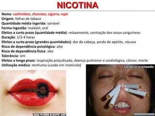 Nome: cachimbos, charutos, cigarro, rapé
Origem: folhas de tabaco
Quantidade média ingerida: variável
Forma ingestão: inalável, oral
Efeitos a curto prazo (quantidade média): relaxamento, contração dos vasos sanguíneos
Duração: 1/2-4 horas
Efeitos a curto prazo (grandes quantidades): dor de cabeça, perda de apetite, náusea
Risco de dependência psicológica: alto
Risco de dependência física: alto
Tolerância: sim
Efeitos a longo prazo: respiração prejudicada, doença pulmonar e cardiológica, câncer, morte
Utilização médica: nenhuma (usado em inseticida)
NICOTINA
 