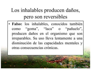 Los inhalables producen daños,
pero son reversibles
• Falso: los inhalables, conocidos también
como “goma”, “laca” o “pañuelo”,
producen daños en el organismo que son
irreparables. Su uso lleva lentamente a una
disminución de las capacidades mentales y
otras consecuencias crónicas.
 
