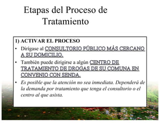 Etapas del Proceso de
Tratamiento
1) ACTIVAR EL PROCESO
• Dirígase al
• También puede dirigirse a algún
• Es posible que la atención no sea inmediata. Dependerá de
la demanda por tratamiento que tenga el consultorio o el
centro al que asista.
 