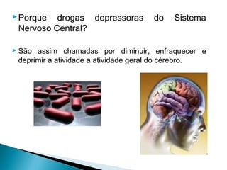  Porque drogas depressoras          do    Sistema
  Nervoso Central?

 São assim chamadas por diminuir, enfraquecer e
  deprimir a atividade a atividade geral do cérebro.
 