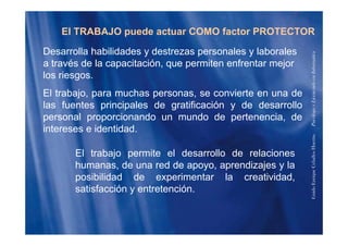 El TRABAJO puede actuar COMO factor PROTECTOR
Desarrolla habilidades y destrezas personales y laborales
a través de la capacitación, que permiten enfrentar mejor
formática
p , q p j
los riesgos.
El trabajo para muchas personas se convierte en una de
enciadoenInfo
El trabajo, para muchas personas, se convierte en una de
las fuentes principales de gratificación y de desarrollo
personal proporcionando un mundo de pertenencia, de
PsicólogoyLice
intereses e identidad.
El t b j it l d ll d l i
HuertasPs
El trabajo permite el desarrollo de relaciones
humanas, de una red de apoyo, aprendizajes y la
posibilidad de experimentar la creatividad
riqueCeballos
posibilidad de experimentar la creatividad,
satisfacción y entretención.
GuidoEnr
 