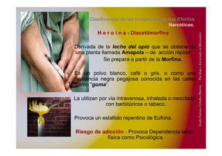 Clasificación de las Drogas según sus Efectos
NarcóticosNarcóticos,
H e r o í n a - Diacetilmorfina
formática
Derivada de la leche del opio que se obtiene de
una planta llamada Amapola – de acción rápida
Se prepara a partir de la Morfina
enciadoenInfo
Se prepara a partir de la Morfina.
Es un polvo blanco, café o gris. o como una
sustancia negra pegajosa conocida en las calles
PsicólogoyLice
sustancia negra pegajosa conocida en las calles
como "goma“.
HuertasPs
La utilizan por vía intravenosa, inhalada o mezclada
con barbitúricos o tabaco.
riqueCeballos
Provoca un estallido repentino de Euforia.
Riesgo de adicción Provoca Dependencia tanto
GuidoEnr
Riesgo de adicción - Provoca Dependencia tanto
física como Psicológica.
 