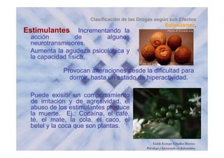 Clasificación de las Drogas según sus Efectos
EstimulantesEstimulantes,
Estimulantes Incrementando la
acción de algunos
neurotransmisoresneurotransmisores.
Aumenta la agudeza psicológica y
la capacidad física,
Provocan alteraciones desde la dificultad para
dormir, hasta un estado de hiperactividad.
Puede exisitir un comportamiento
dormir, hasta un estado de hiperactividad.
Puede exisitir un comportamiento
de irritación y de agresividad, el
abuso de los estimulantes produce
la muerte Ej : Cocaína el caféla muerte. Ej.: Cocaína, el café,
té, el mate, la cola, el caco, el
betel y la coca que son plantas.
Guido Enrique Ceballos Huertas
Psicólogo y Licenciado en Informática
 