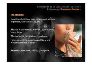 Clasificación de las Drogas según sus Efectos
Estimulantes, Depresoras,Sedantes
Inhalantes
Contienen benceno, tolueno, acetona, nitritos
orgánicos, óxidos nitrosos, etc…
Efectos encontramos: Euforia - sensaciones
placenteras;placenteras;
Alucinaciones (agradables o terribles),
Produce sentimientos de grandeza y unaProduce sentimientos de grandeza y una
mayor tolerancia al dolor.
Presenta dependencia física y psíquica.
Guido Enrique Ceballos Huertas
Psicólogo y Licenciado en Informática
 