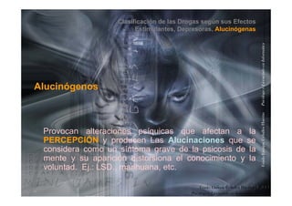 Clasificación de las Drogas según sus Efectos
Estimulantes, Depresoras, Alucinógenas
formáticaenciadoenInfo
Alucinógenos
PsicólogoyLiceHuertasPs
Provocan alteraciones psíquicas que afectan a la
PERCEPCIÓN y producen Las Alucinaciones que se
considera como un síntoma grave de la psicosis de la
riqueCeballos
considera como un síntoma grave de la psicosis de la
mente y su aparición distorsiona el conocimiento y la
voluntad. Ej.: LSD., marihuana, etc.
GuidoEnr
. Guido Enrique Ceballos Huertas
Psicólogo y Licenciado en Informática
 