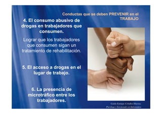 Conductas que se deben PREVENIR en el
TRABAJO4. El consumo abusivo de
drogas en trabajadores que
consumen
TRABAJO
consumen.
Lograr que los trabajadores
ique consumen sigan un
tratamiento de rehabilitación.
5. El acceso a drogas en el
lugar de trabajo.
6. La presencia de
microtráfico entre losmicrotráfico entre los
trabajadores.
Guido Enrique Ceballos Huertas
Psicólogo y Licenciado en Informática
 