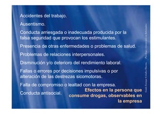 Accidentes del trabajo.j
Ausentismo.
C d t i d i d d d id l
formática
Conducta arriesgada o inadecuada producida por la
falsa seguridad que provocan los estimulantes.
enciadoenInfo
Presencia de otras enfermedades o problemas de salud.
Problemas de relaciones interpersonales.
PsicólogoyLice
Disminución y/o deterioro del rendimiento laboral.
F ll d i i i l i
HuertasPs
Fallas o errores por decisiones impulsivas o por
alteración de las destrezas sicomotoras.
riqueCeballos
Efectos en la persona que
consume drogas observables en
Falta de compromiso o lealtad con la empresa.
Conducta antisocial.
GuidoEnr
consume drogas, observables en
la empresa
 