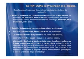 ESTRATEGIAS de Prevención en el Trabajo.
D b h l f d ll d l i i t f t dDebe hacerse el refuerzo o desarrollo de los siguientes factores de
protección:
1. Relación de la persona consigo misma - Desarrollo del Autoestima, dep g ,
autonomía, de tolerancia a la frustración, fortalecimiento de valores,
autocuidado, sentido de responsabilidad con su trabajo, desarrollo de la
creatividad, entre otros.
2. Relación de la persona con sus colaboradores en el trabajo
• Fomento de habilidades de comunicación, de asertividad,
• De resistencia frente a la presión de los pares y del entorno,
• Desarrollo de red de ayuda o apoyo en el lugar de trabajo,
• Información detallada y fundamentada sobre los efectos del uso de
d i t l l t ió t ldrogas, consecuencias a corto y largo plazo, actuación ante la
detección de los primeros consumos, información y orientación sobre
tratamientos de rehabilitación; información sobre las políticas y las
normas de la empresa al respecto; diseño de mecanismos para impedirnormas de la empresa al respecto; diseño de mecanismos para impedir
el acceso y venta de droga en el trabajo.
Guido Enrique Ceballos Huertas
Psicólogo y Licenciado en Informática
 