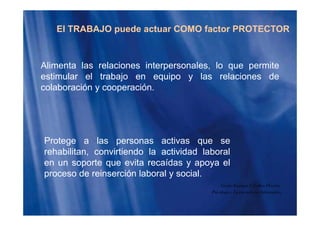 El TRABAJO puede actuar COMO factor PROTECTOR
Alimenta las relaciones interpersonales, lo que permite
estimular el trabajo en equipo y las relaciones de
colaboración y cooperacióncolaboración y cooperación.
P t l tiProtege a las personas activas que se
rehabilitan, convirtiendo la actividad laboral
en un soporte que evita recaídas y apoya elen un soporte que evita recaídas y apoya el
proceso de reinserción laboral y social.
Guido Enrique Ceballos Huertas
Psicólogo y Licenciado en Informática
 