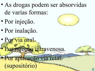 As drogas podem ser absorvidas de varias formas: Por injeção. Por inalação. Por via oral. Por injeção intravenosa. Por aplicação via retal.(supositório) 