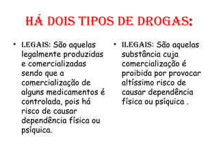 Há dois tipos de drogas : Legais:  São aquelas legalmente produzidas e comercializadas sendo que a comercialização de alguns medicamentos é controlada, pois há risco de causar dependência física ou psíquica.  Ilegais : São aquelas substância cuja comercialização é proibida por provocar altíssimo risco de causar dependência física ou psíquica . 
