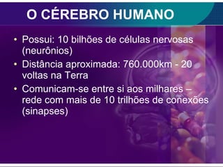 O CÉREBRO HUMANO Possui: 10 bilhões de células nervosas (neurônios) Distância aproximada: 760.000km - 20 voltas na Terra Comunicam-se entre si aos milhares – rede com mais de 10 trilhões de conexões (sinapses) 