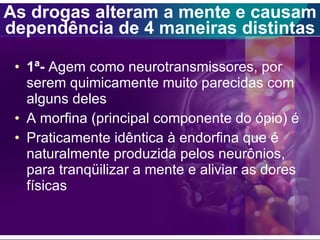 As drogas alteram a mente e causam dependência de 4 maneiras distintas 1ª-  Agem como neurotransmissores, por serem quimicamente muito parecidas com alguns deles A morfina (principal componente do ópio) é  Praticamente idêntica à endorfina que é naturalmente produzida pelos neurônios, para tranqüilizar a mente e aliviar as dores físicas 