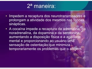 2ª maneira: Impedem a recaptura dos neurotransmissores e prolongam a atividade dos mesmos nas fendas sinápticas. A cocaína impede a recaptura da adrenalina, da noradrenalina, da dopamina e da serotonina,  aumentando a disposição física e a agilidade mental e proporcionando ao usuário uma sensação de ostentação que minimiza temporariamente os problemas que o afligem. 