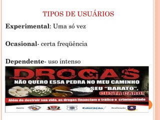 TIPOS DE USUÁRIOS
Experimental: Uma só vez

Ocasional- certa freqüência

Dependente- uso intenso
 