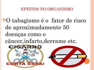 EFEITOS NO ORGANISMO

Otabagismo é o fator de risco
de aproximadamente 50
doenças como o
câncer,infarto,derrame etc.
 