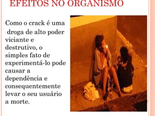 EFEITOS NO ORGANISMO

Como o crack é uma
 droga de alto poder
viciante e
destrutivo, o
simples fato de
experimentá-lo pode
causar a
dependência e
consequentemente
levar o seu usuário
a morte.
 