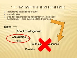 1.2 -TRATAMENTO DO ALCOOLISMO
Tratamento depende do usuário
Apoio familiar
Uso de substâncias que induzam aversão ao álcool
(Dissulfiram) – Inibe a Aldeído Desidrogenase
Etanol
Acetaldeído
(tóxico)
Álcool desidrogenase
Piruvato
Aldeído Desidrogenase
 
