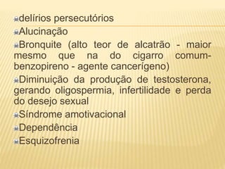 delírios persecutórios
Alucinação
Bronquite (alto teor de alcatrão - maior
mesmo que na do cigarro comum-
benzopireno - agente cancerígeno)
Diminuição da produção de testosterona,
gerando oligospermia, infertilidade e perda
do desejo sexual
Síndrome amotivacional
Dependência
Esquizofrenia
 